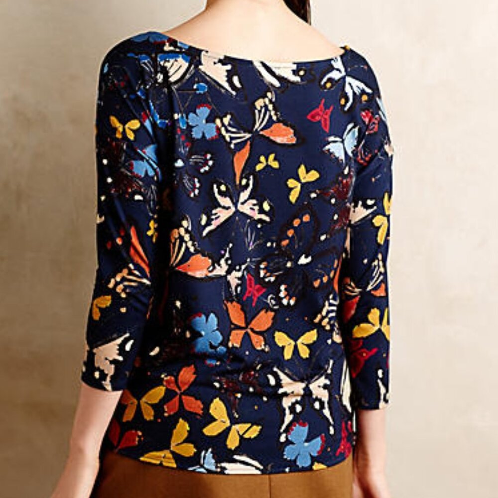 ANTHROPOLOGIE Eustace Tie-Bottom Top Blue Motif Colorful Butterfly Print - Picture 3 of 4